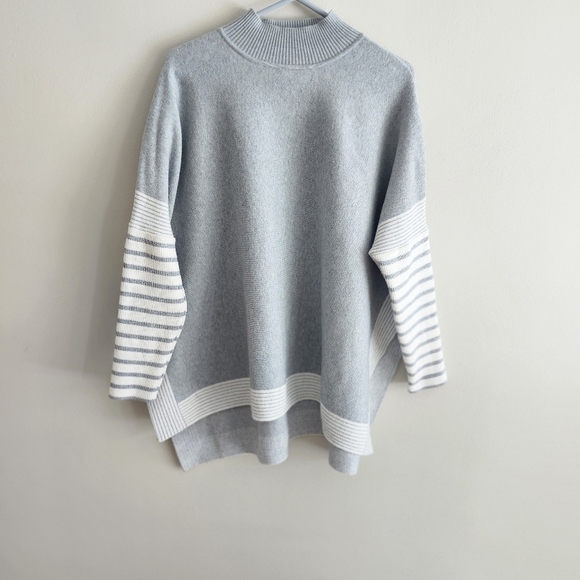 Zenana Gray and White Striped  poncho Sweater - Picture 2 of 6